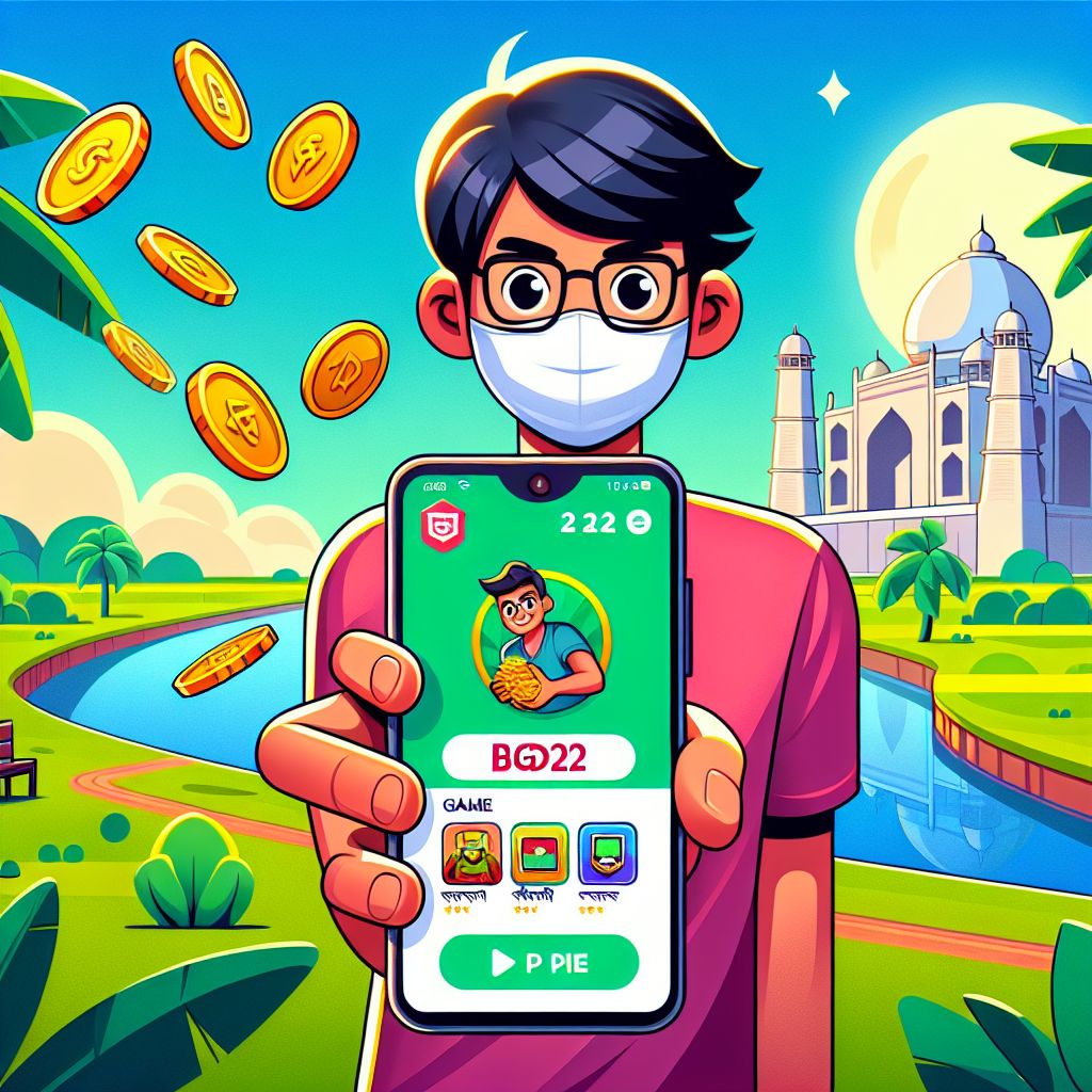 Cartoon character holding a smartphone with BGD222 app screen, coins and game icons around