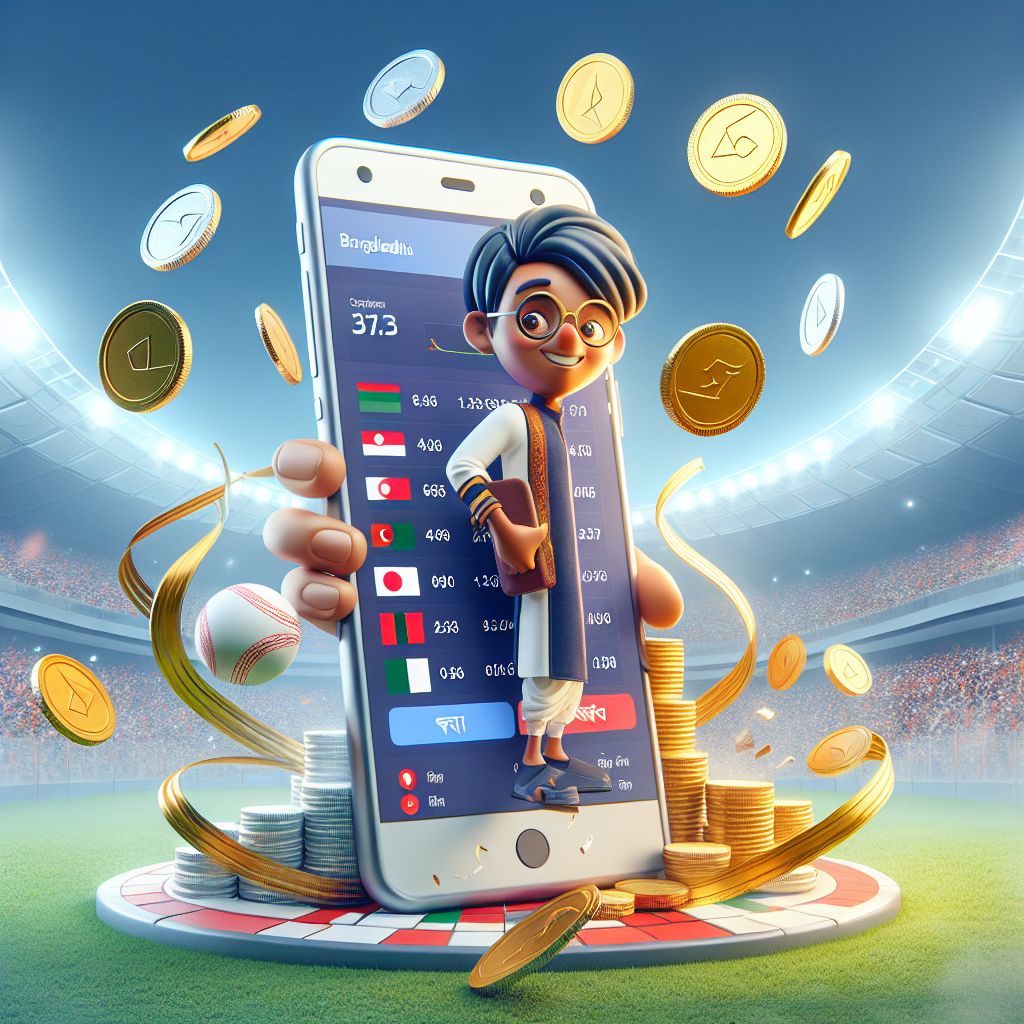 BGD222 themed cartoon bettor holding a phone with live odds and coins