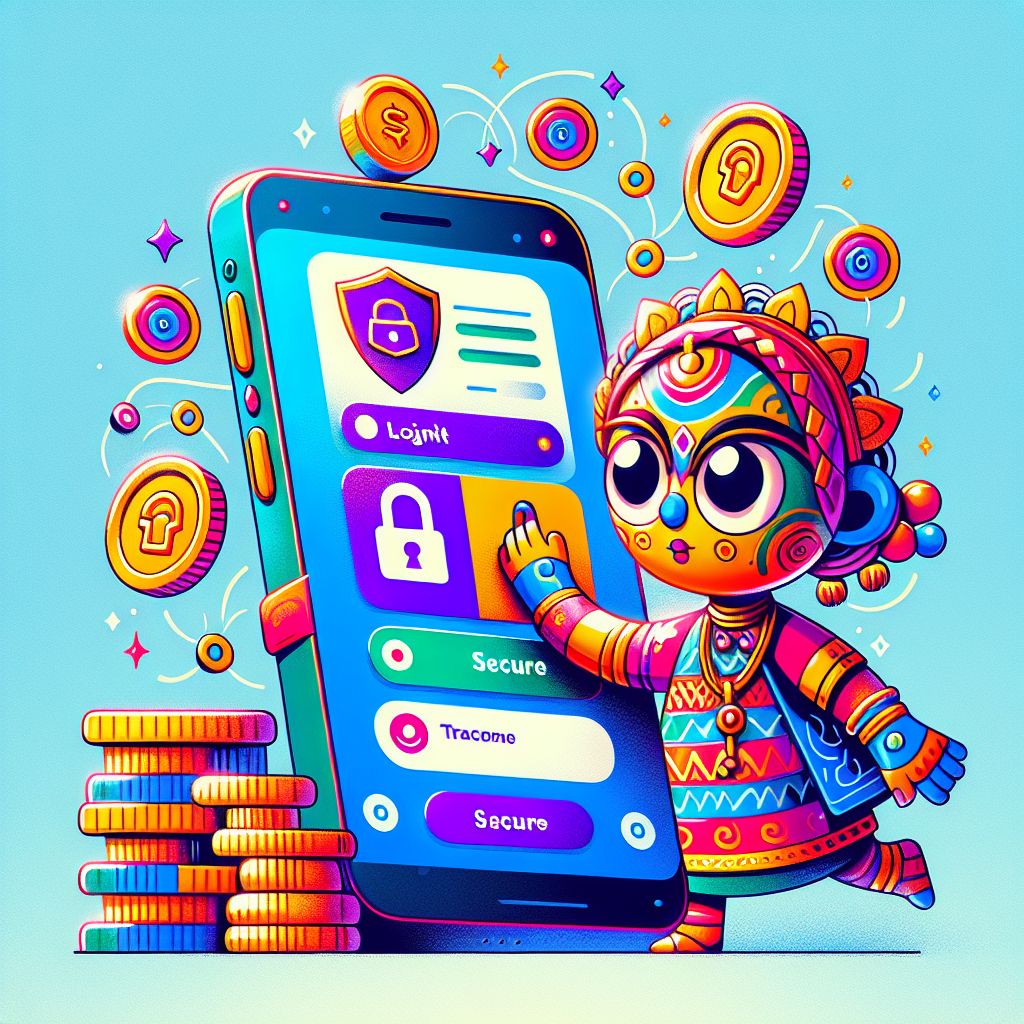 BGD222 login themed cartoon character holding a phone with a secure sign-in screen and shield icon