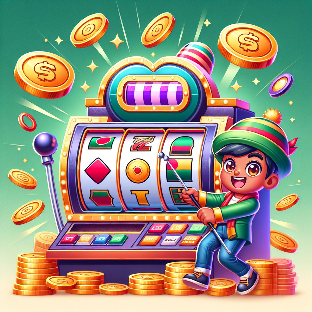 BGD222 slot-themed cartoon character with reels, coins, and bonus symbols